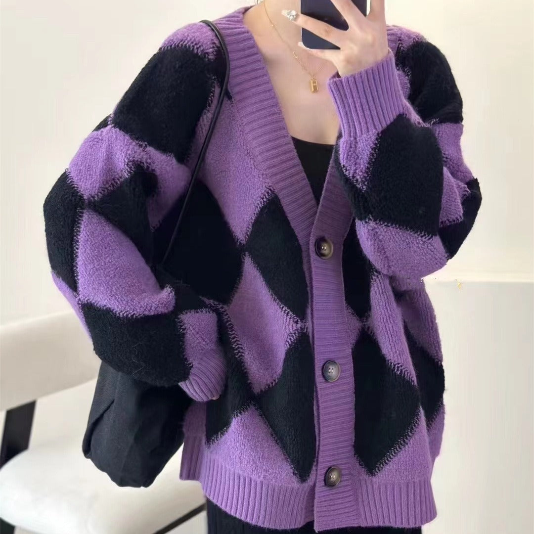 Autumn and winter Korean contrasting color cardigan sweater jacket for women college style long-sleeved button striped loose wear sweater