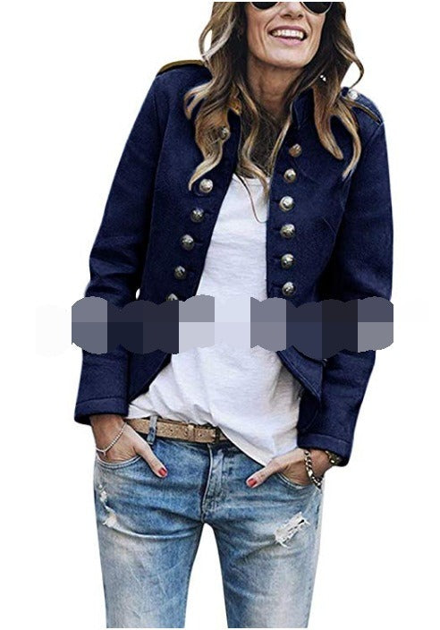 Autumn and winter new button decoration standing collar long sleeved solid color cardigan suit warm jacket