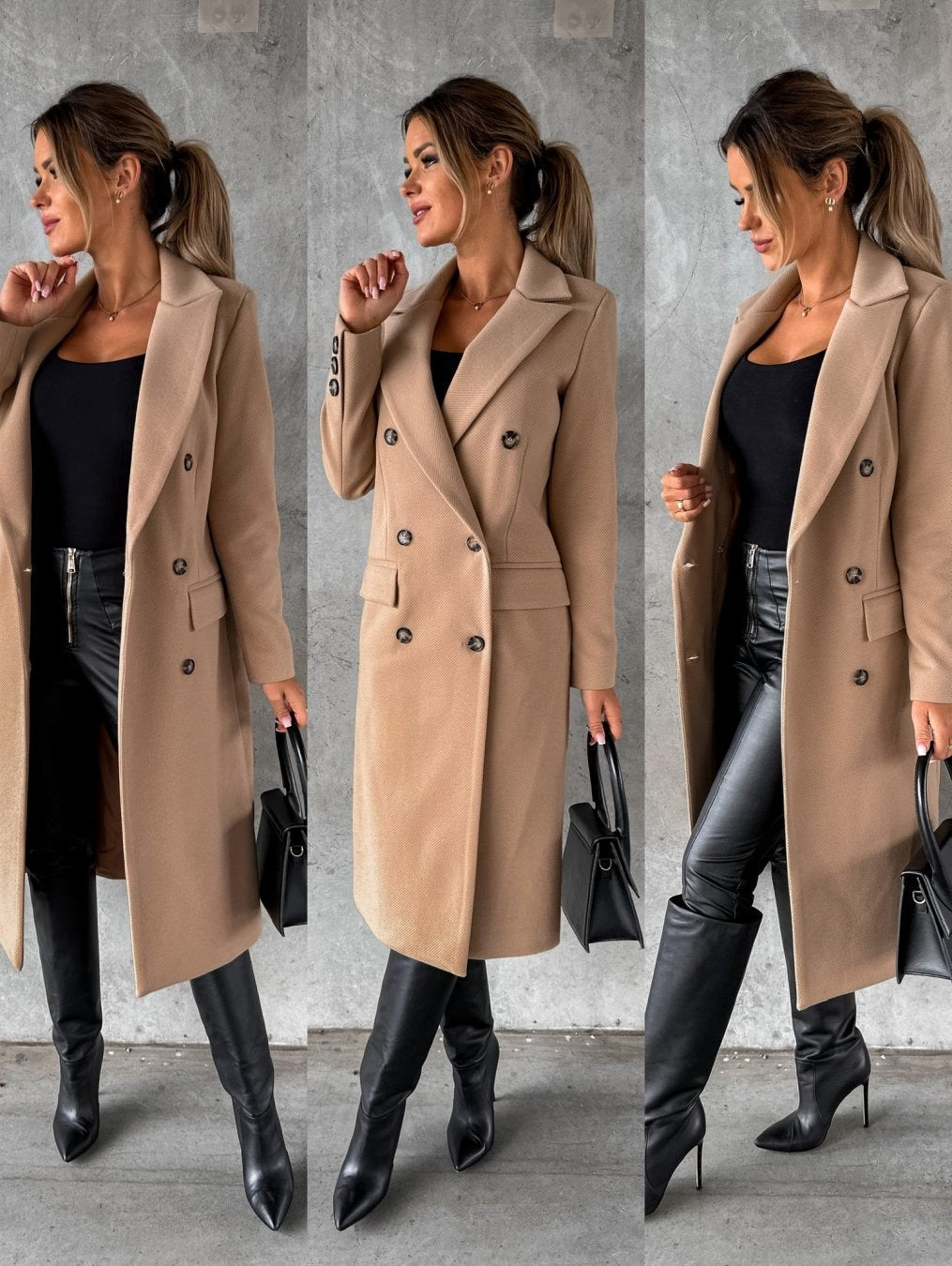 Autumn and winter fashionable and minimalist long sleeved double breasted woolen jacket for women