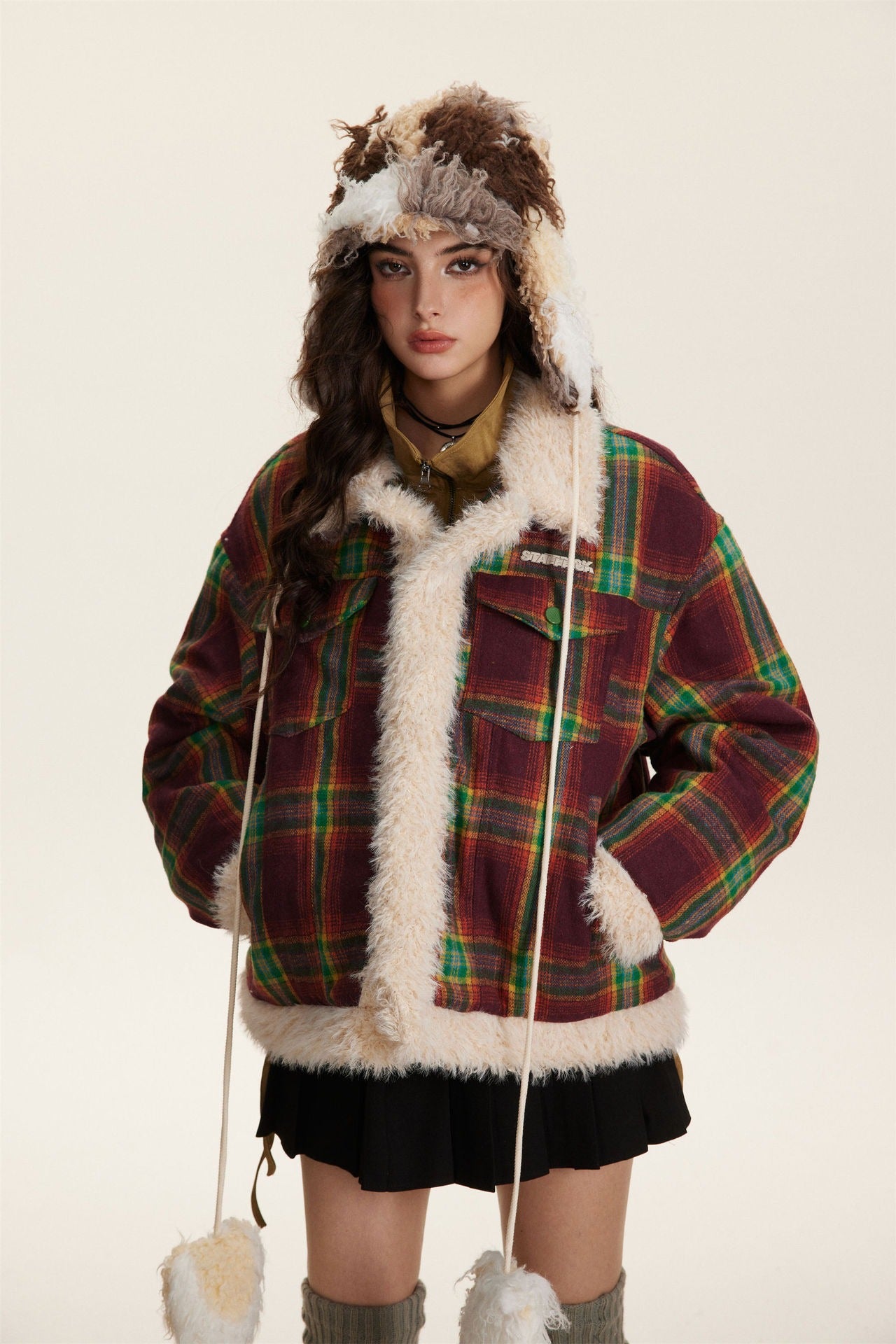 American retro plaid woolen jacket for women in autumn and winter, new cotton patchwork lamb wool loose top, loose and casual
